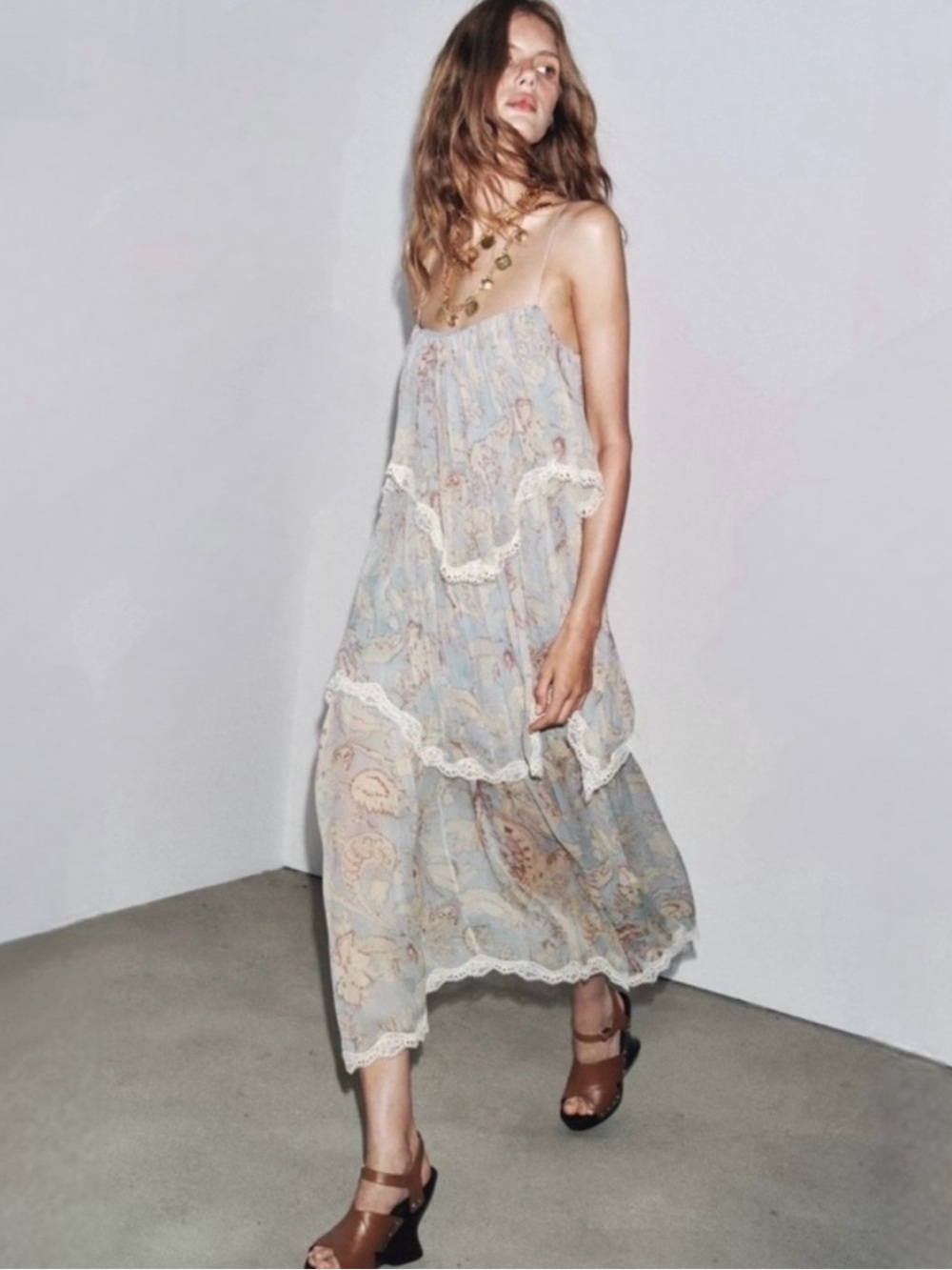 NWT Zara Women's Collection Printed Lace Trim Ruffled Dress L